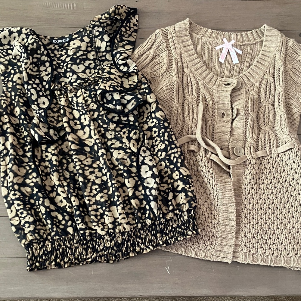 Express Black and Brown Patterned Blouse with Matching Derek Heart Sweater